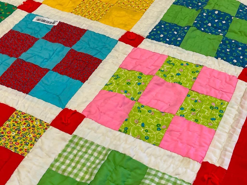 VINTAGE HANDMADE VIBRANT NINE PATCH / 9-PATCH QUILT - 4
