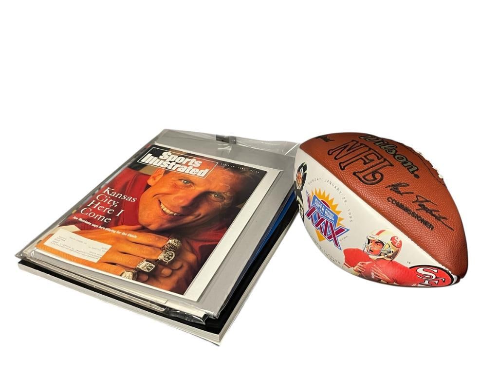 SAN FRANCISCO 49ERS COLLECTIBLE INCLUDING JOE MONTANA AND STEVE YOUNG RELATED ITEMS: INCLUDES SPORTS ILLUSTRATED MAGAZINES, SUPER BOWL XXIX COMMEMORATIVE FOOTBALL, JOE MONTANA "MONTANA" WITH DICK SCHAAP BOOK 