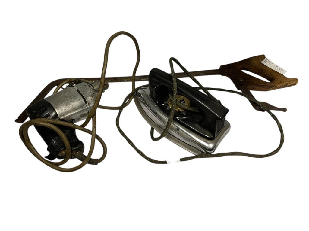VINTAGE TOOLS AND APPLIANCES INCLUDING HAND SAW WITHOUT BLADE, KENMORE IRON, AND ELECTRIC DRILL (1 of 13)