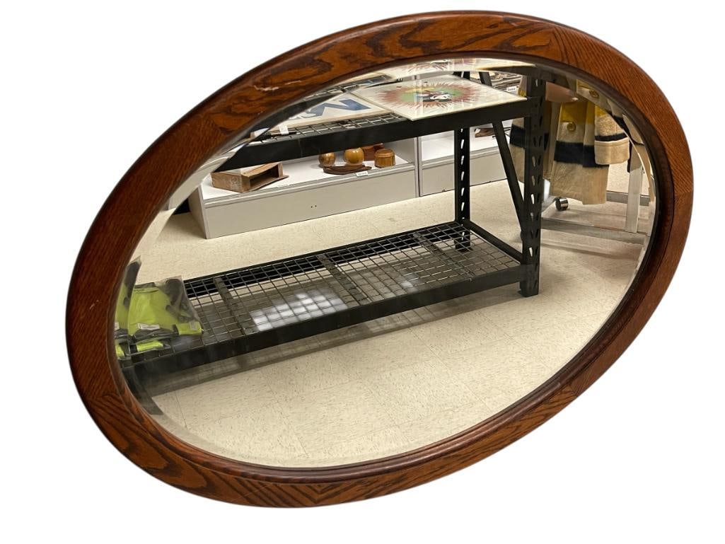 BLACKHAWK FURNITURE SOLID OAK FRAMED OVAL MIRROR WITH BEVELED GLASS BORDER: MAKER'S LABEL ON BACK, GOOD CONDITION 40" X 30"