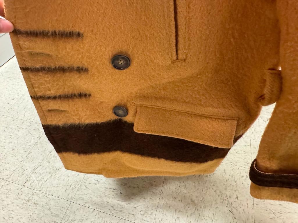 VINTAGE ABERCOMBIE & FITCH HUDSON'S BAY COMPANY POINT BLANKET MACKINAW WOOL COAT WITH BROWN STRIPES - 12