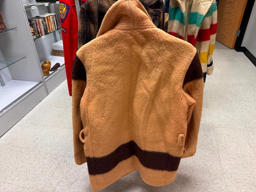 VINTAGE ABERCOMBIE & FITCH HUDSON'S BAY COMPANY POINT BLANKET MACKINAW WOOL COAT WITH BROWN STRIPES - 15