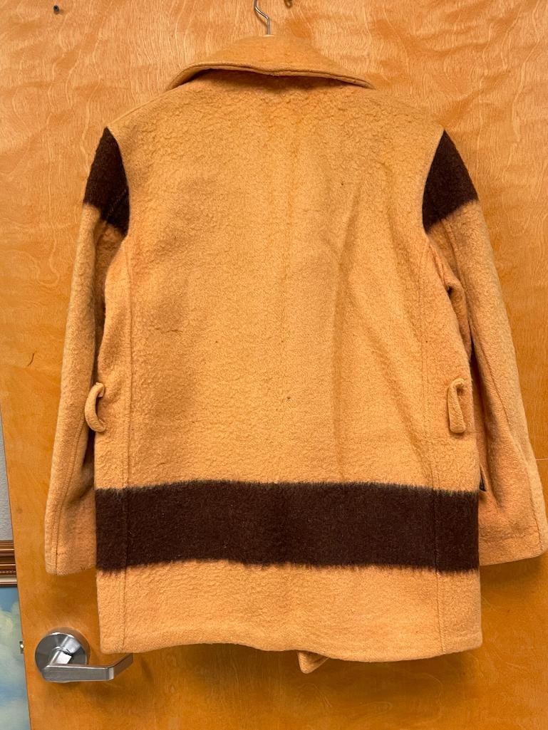 VINTAGE ABERCOMBIE & FITCH HUDSON'S BAY COMPANY POINT BLANKET MACKINAW WOOL COAT WITH BROWN STRIPES - 6