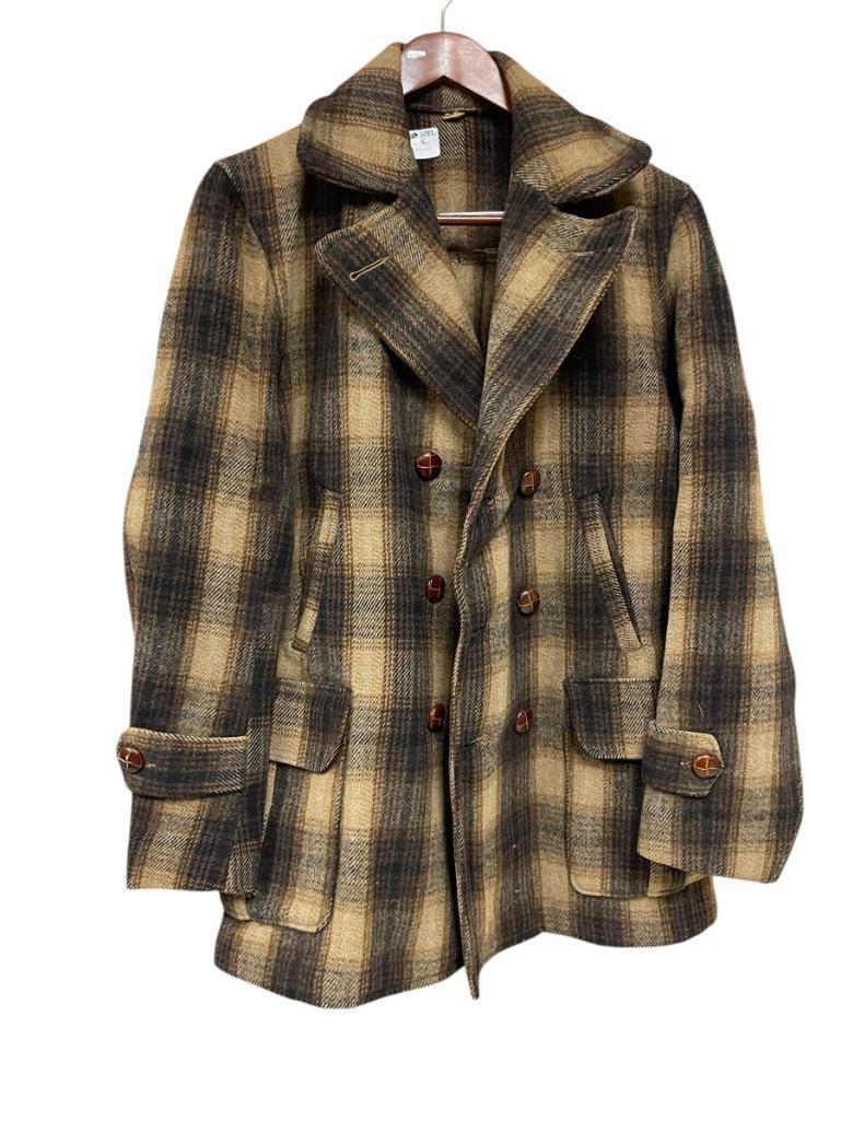 WOOLRICH WOOLEN MILLS 100% WOOL PEACOAT FEATURING BROWN PLAID PATTERN (1 of 7)