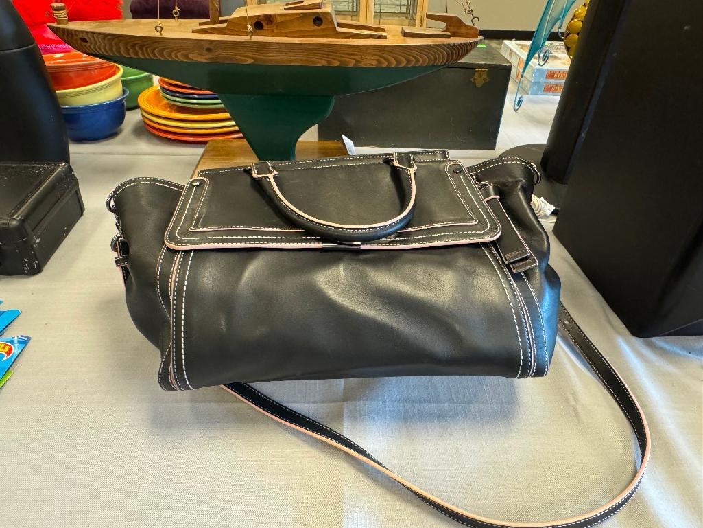 BRAHMIN TAYLOR SATCHEL GALVESTON BLACK FASHION BAG: FEATURES PINK PIPING WITH WHITE STITCHING, LIGHT SCRATCHES ON FRONT FLAP, OVERALL IN GOOD CONDITION WITH NO HEAVY WEAR 12" X 5" X 9" 