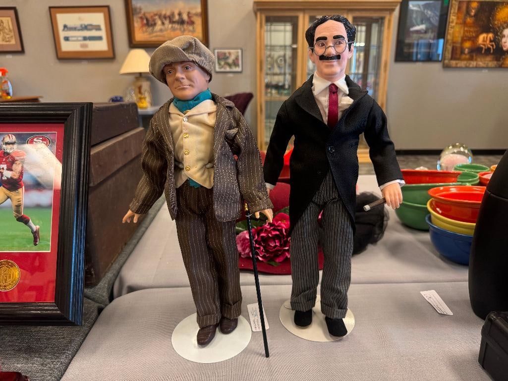 1983 GROUCHO MARX AND JAMES CAGNEY VINYL DOLLS BY EFFANBEE DOLLS THE LEGENDS SERIES: EACH DOLL HAS COMPLETE OUTFIT, MARKED ON THE BACK OF THE NECK, EACH INCLUDES METAL STAND 16" H