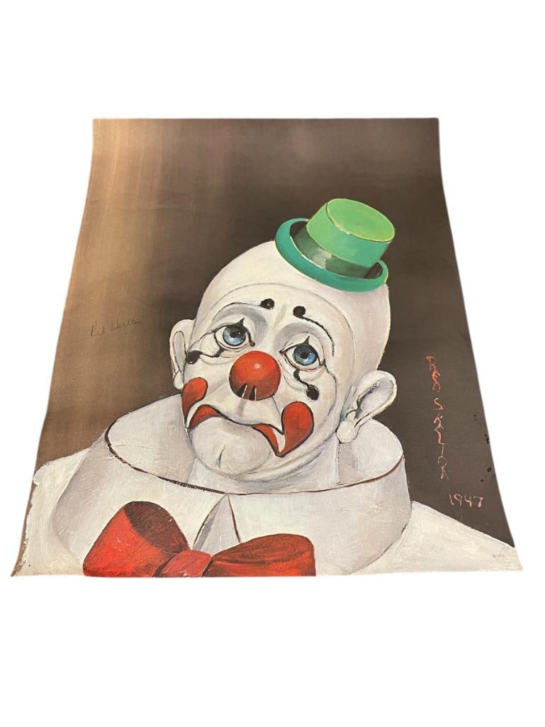 RED SKELTON SAD FACE SIGNED CLOWN PRINT: RED SKELTON (1913-1997) WAS AN AMERICAN ENTERTAINER AND ARTIST, ART DEPICTS IMAGE OF A SAD CLOWN, ORIGINAL WAS PAINTED IN 1947, SIGNED LEFT CENTER EDGE,PRINTED IN 1972, UNFRAMED 16" X 20" 