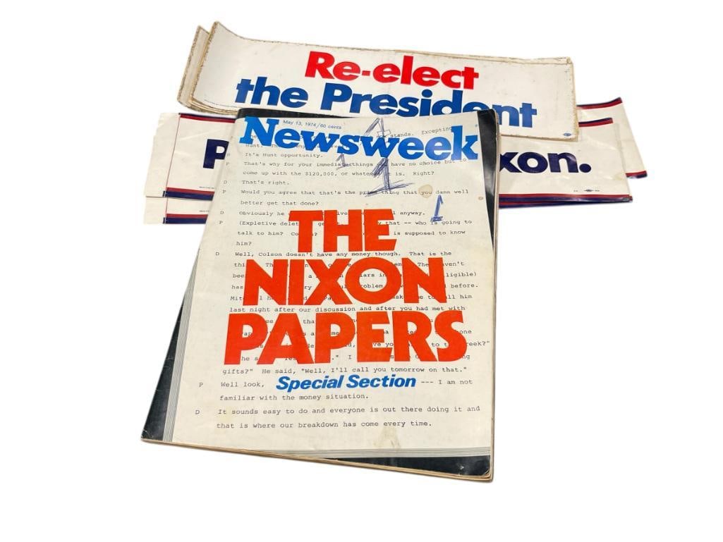 VINTAGE PRESIDENT NIXON POLITCAL CAMPAIGN BUMPER STICKERS AND NEWSWEEK MAY 13, 1974: "THE NIXON PAPERS" BY NEWSWEEK, RE-ELECTION BUMPER STICKERS 