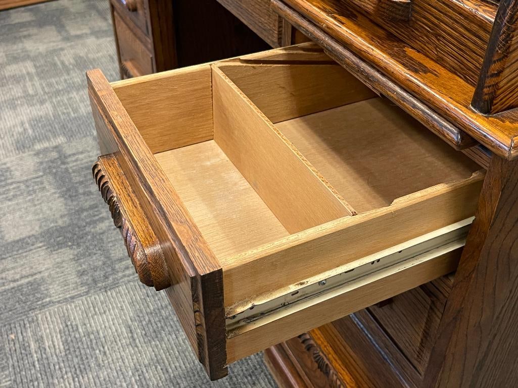 VINTAGE MARK WAYNE DARK STAINED OAK ROLL TOP DESK - 13