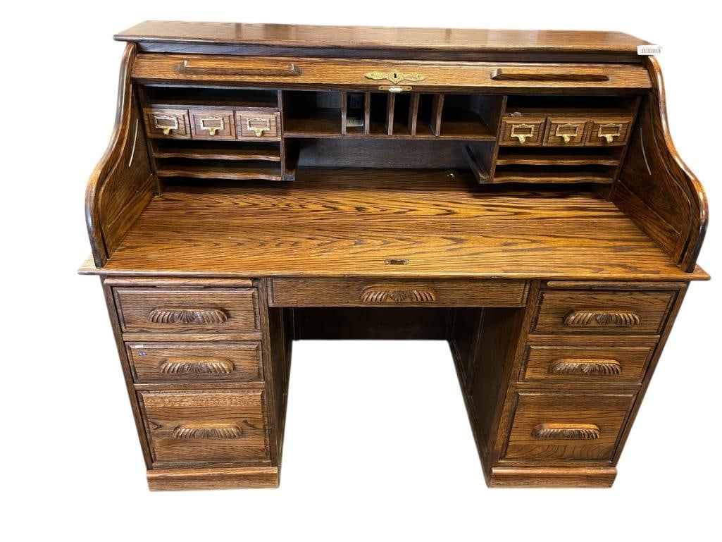 VINTAGE MARK WAYNE DARK STAINED OAK ROLL TOP DESK (1 of 13)