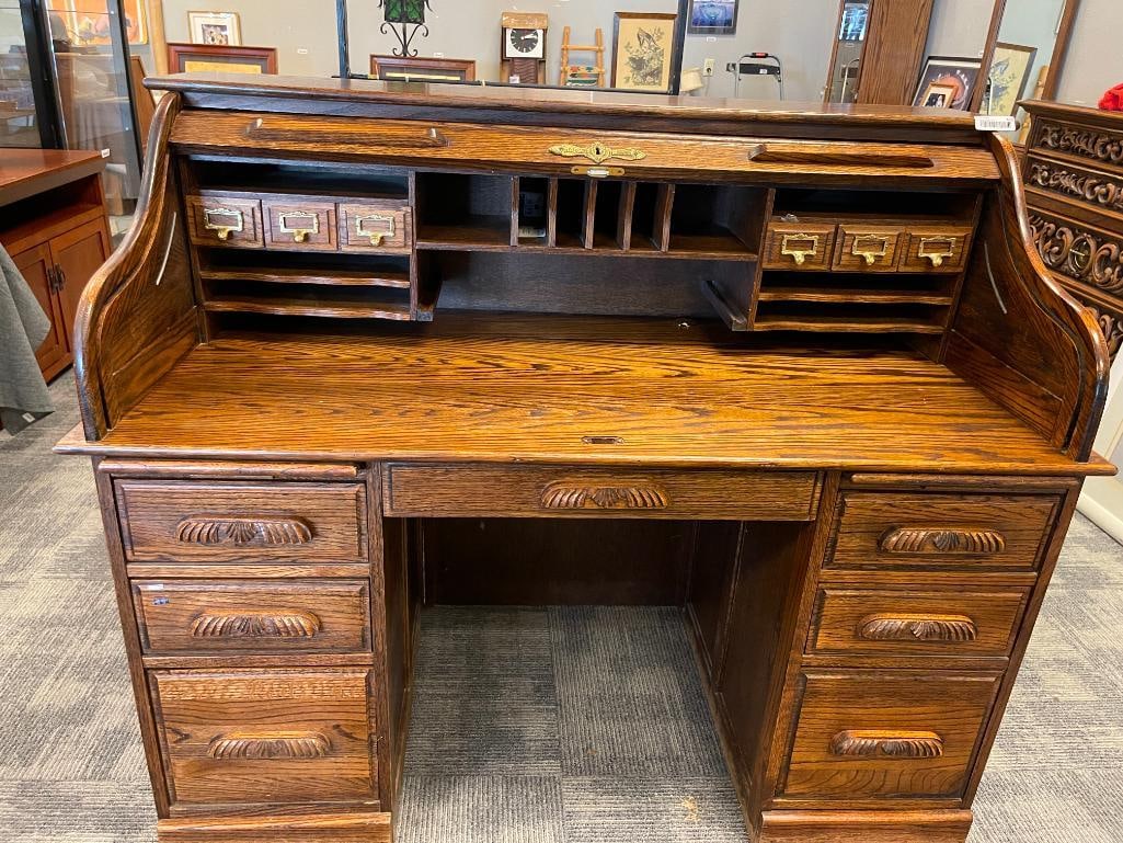 VINTAGE MARK WAYNE DARK STAINED OAK ROLL TOP DESK - 3