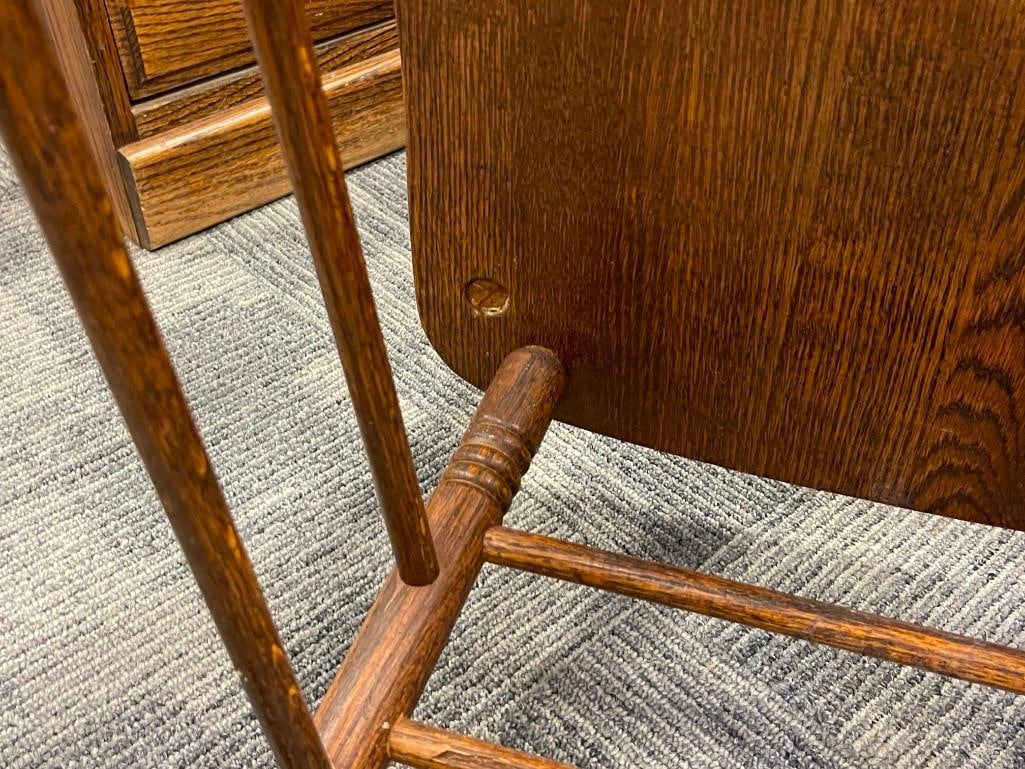 VINTAGE DARK STAINED OAK PEDESTAL CLAW FOOT DINING TABLE WITH SIX PRESSED BACK CHAIRS WITH LEAVES - 14
