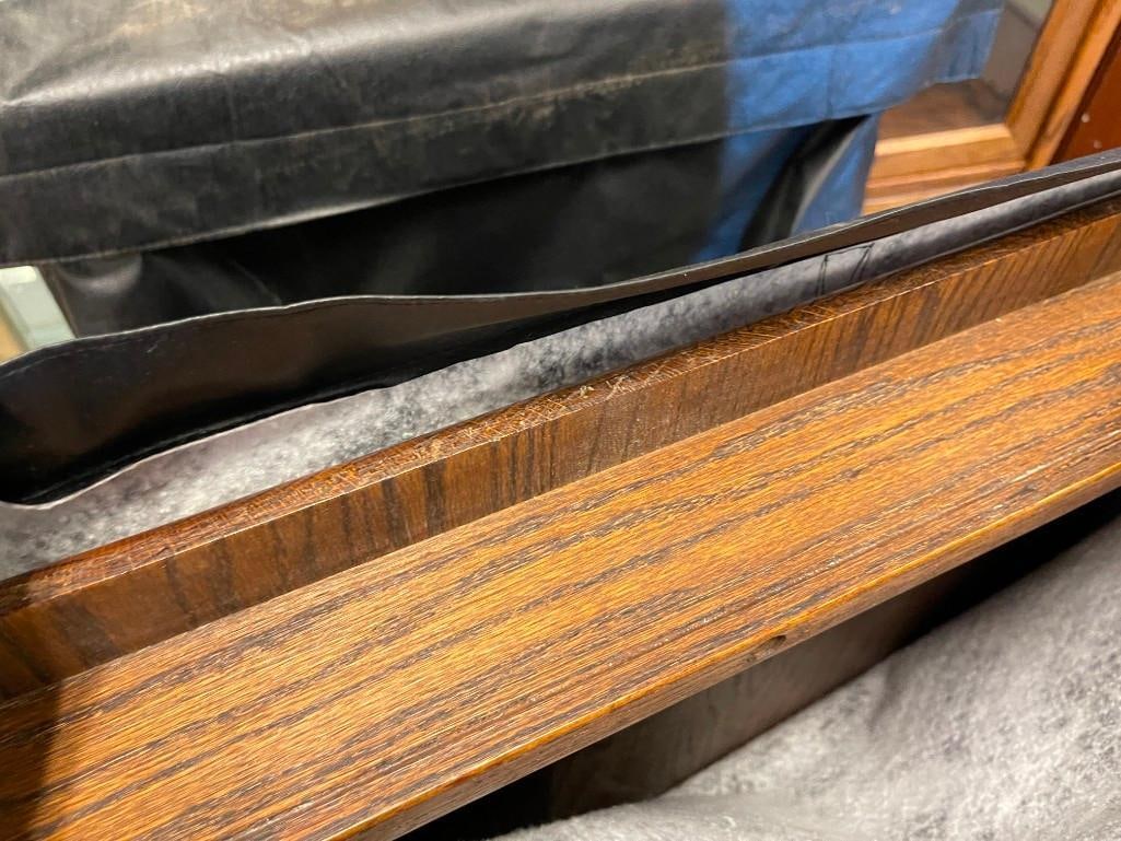 VINTAGE DARK STAINED OAK PEDESTAL CLAW FOOT DINING TABLE WITH SIX PRESSED BACK CHAIRS WITH LEAVES - 15