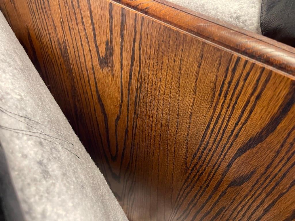 VINTAGE DARK STAINED OAK PEDESTAL CLAW FOOT DINING TABLE WITH SIX PRESSED BACK CHAIRS WITH LEAVES - 16