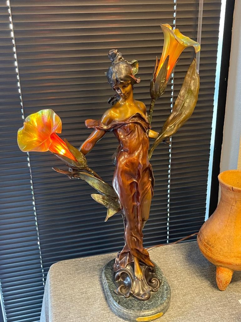 PIERRE ROCHE FRENCH ARTIST LARGE ART NOUVEAU BRONZE SCULPTURE TITLED DIANE WITH IRIDESCENT SHADES - 10