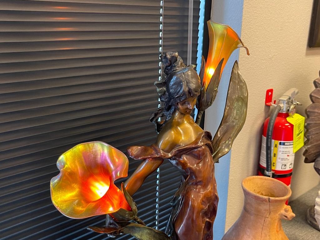 PIERRE ROCHE FRENCH ARTIST LARGE ART NOUVEAU BRONZE SCULPTURE TITLED DIANE WITH IRIDESCENT SHADES - 11