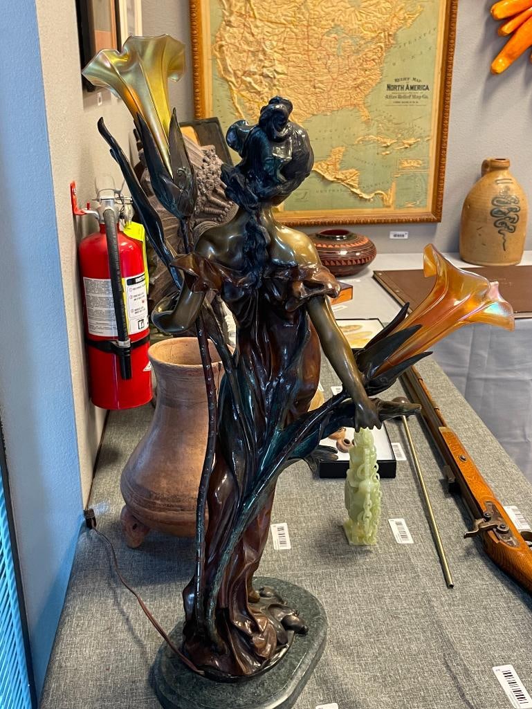 PIERRE ROCHE FRENCH ARTIST LARGE ART NOUVEAU BRONZE SCULPTURE TITLED DIANE WITH IRIDESCENT SHADES - 12