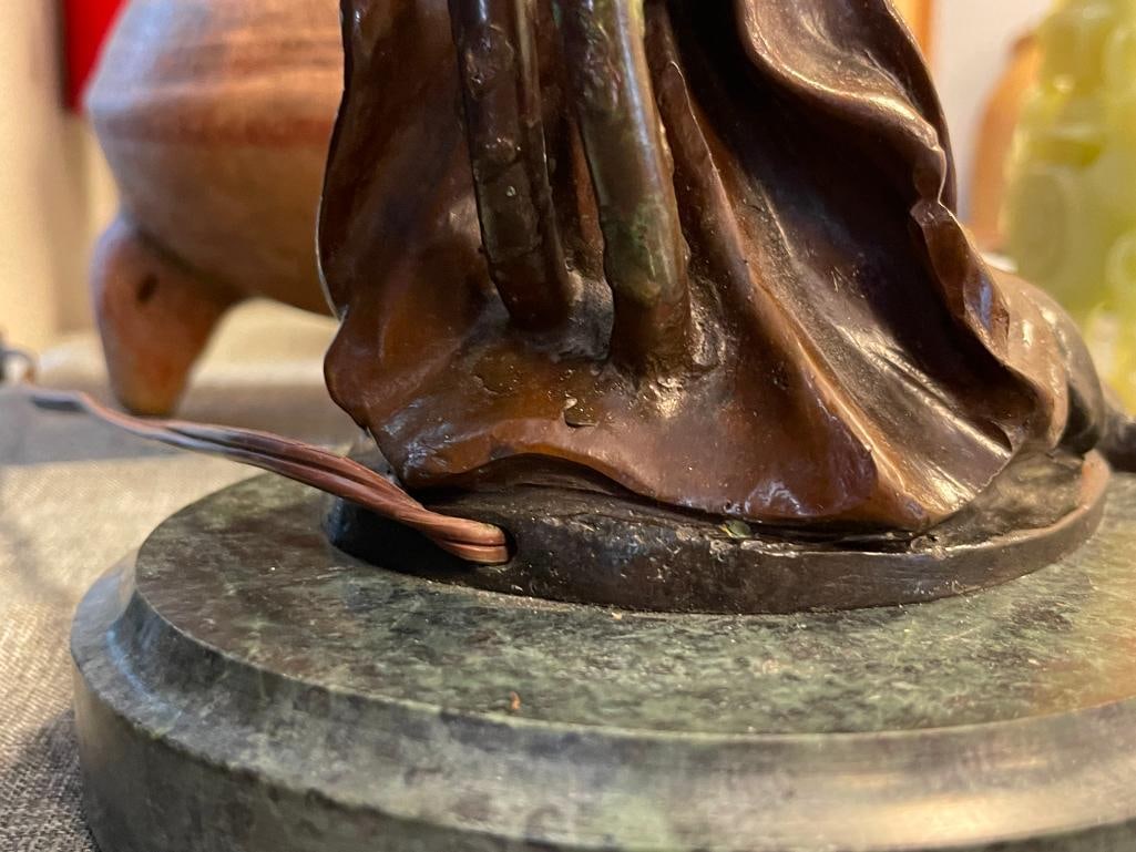 PIERRE ROCHE FRENCH ARTIST LARGE ART NOUVEAU BRONZE SCULPTURE TITLED DIANE WITH IRIDESCENT SHADES - 14