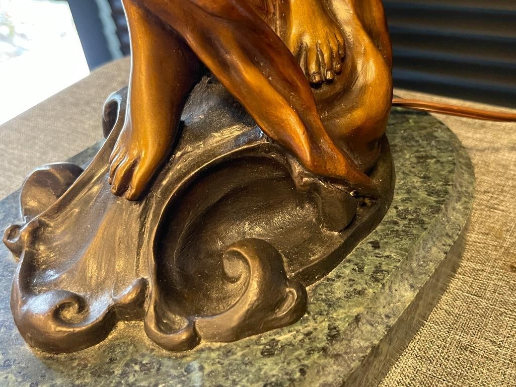 PIERRE ROCHE FRENCH ARTIST LARGE ART NOUVEAU BRONZE SCULPTURE TITLED DIANE WITH IRIDESCENT SHADES - 15