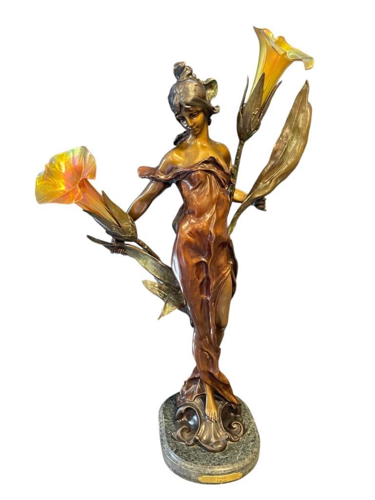 PIERRE ROCHE FRENCH ARTIST LARGE ART NOUVEAU BRONZE SCULPTURE TITLED DIANE WITH IRIDESCENT SHADES (1 of 15)