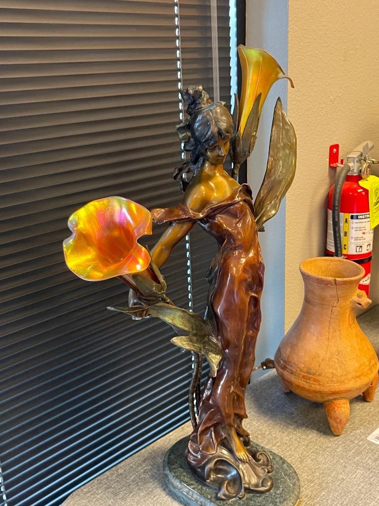 PIERRE ROCHE FRENCH ARTIST LARGE ART NOUVEAU BRONZE SCULPTURE TITLED DIANE WITH IRIDESCENT SHADES - 2