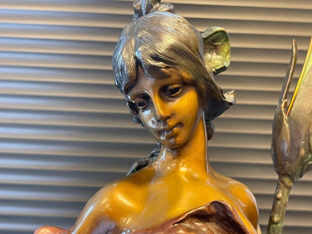 PIERRE ROCHE FRENCH ARTIST LARGE ART NOUVEAU BRONZE SCULPTURE TITLED DIANE WITH IRIDESCENT SHADES - 4