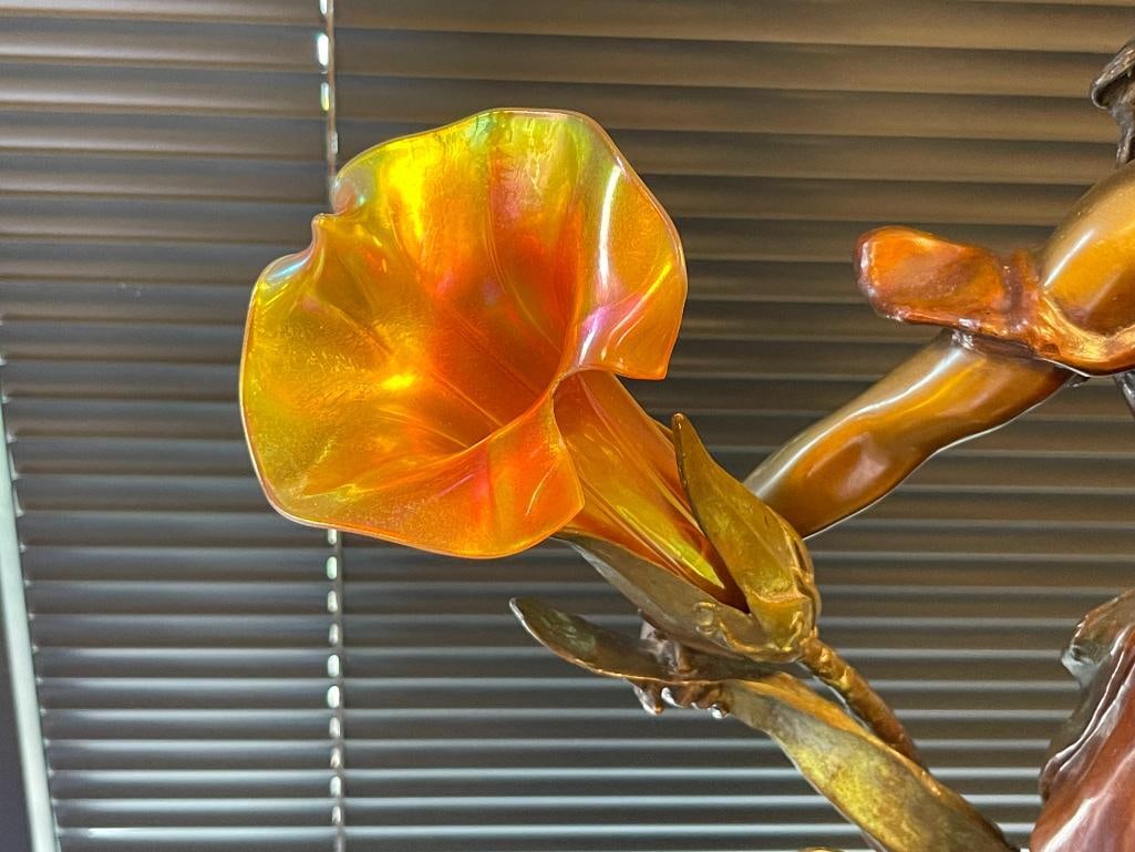 PIERRE ROCHE FRENCH ARTIST LARGE ART NOUVEAU BRONZE SCULPTURE TITLED DIANE WITH IRIDESCENT SHADES - 5