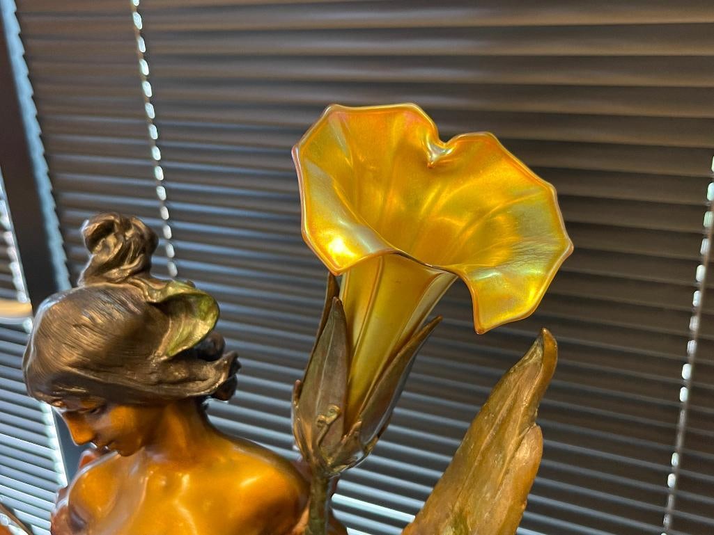 PIERRE ROCHE FRENCH ARTIST LARGE ART NOUVEAU BRONZE SCULPTURE TITLED DIANE WITH IRIDESCENT SHADES - 6