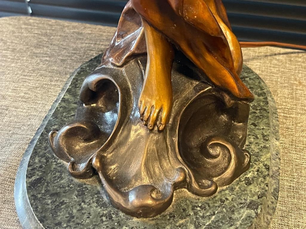 PIERRE ROCHE FRENCH ARTIST LARGE ART NOUVEAU BRONZE SCULPTURE TITLED DIANE WITH IRIDESCENT SHADES - 8