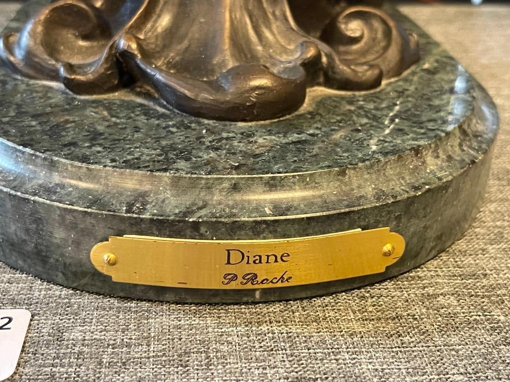 PIERRE ROCHE FRENCH ARTIST LARGE ART NOUVEAU BRONZE SCULPTURE TITLED DIANE WITH IRIDESCENT SHADES - 9