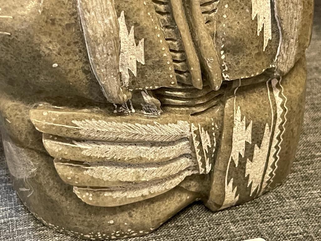 JORGE E. HAND CARVED GREY SOAPSTONE INDIAN CHIEF BUST DATED 1996` - 5