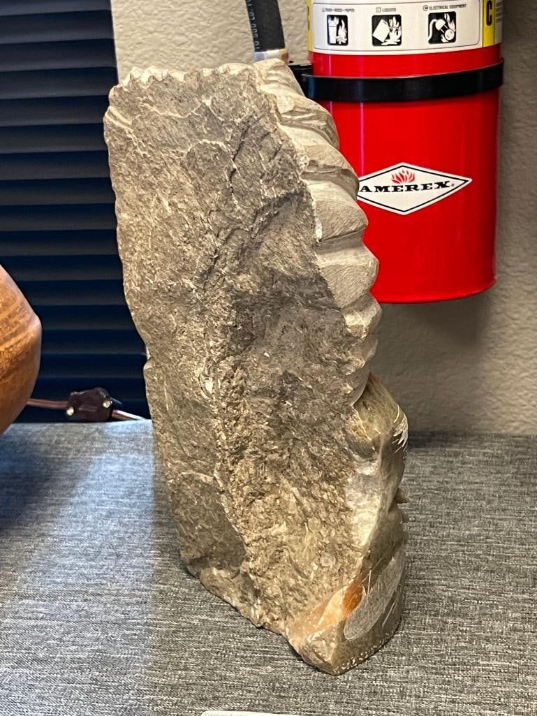 JORGE E. HAND CARVED GREY SOAPSTONE INDIAN CHIEF BUST DATED 1996` - 6