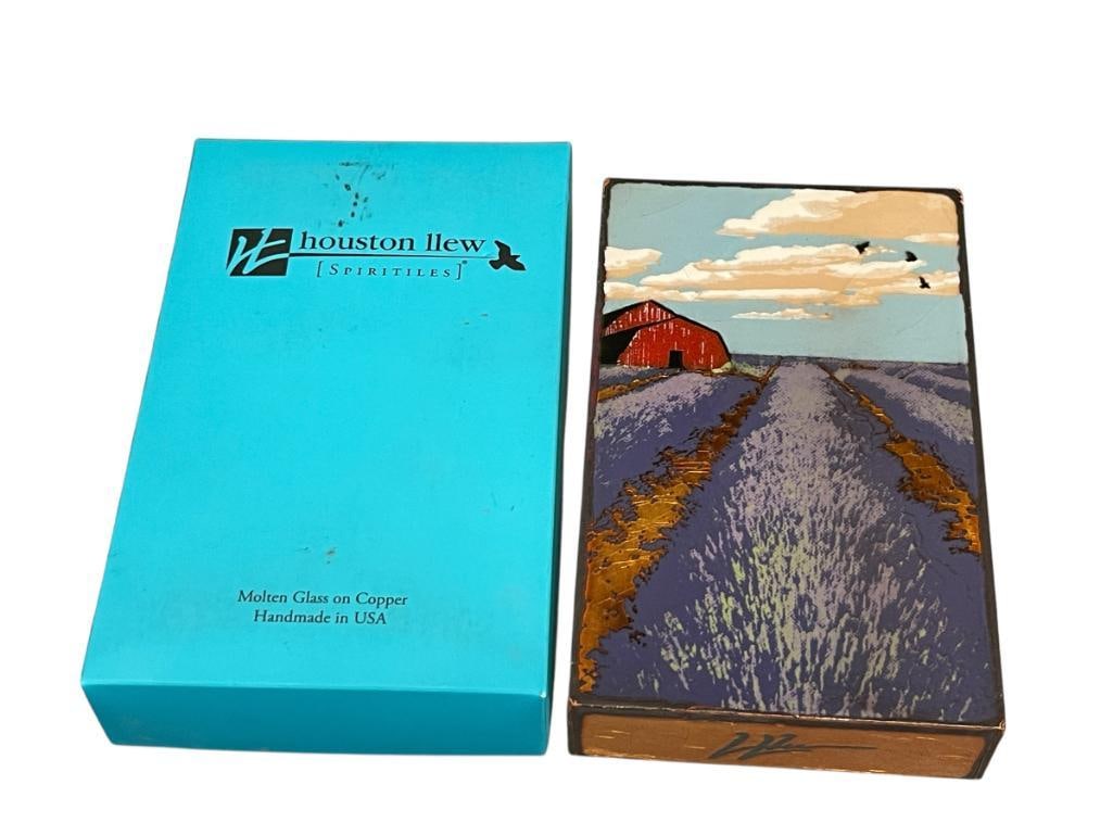 SPIRITILES BY HOUSTON LLEW HAND CRAFTED GLASS ON COPPER ART TILE TITLED ELYSIAN NO. 231: LANDSCAPE ART WITH QUOTE, WAS PRESENTED AS 94TH BIRTHDAY PRESENT, ART TILE IS MARKED ON THE BACK, INCLUDES ORIGINAL BOX AND INFO BOOKLET ABUT THE ARTIST AND ART 5 1/4" X 8 1/2"