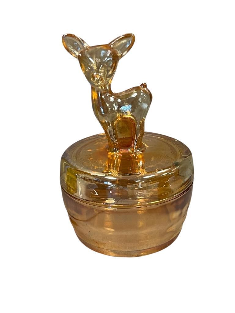 JEANETTE MARIGOLD CARNIVAL GLASS FAWN DEER COVERED JAR CIRCA 1940'S: IRIDESCENT MARIGOLD JAR WITH FAWN HANDLED TOP, NO CHIPS OR DAMAGE 6" H