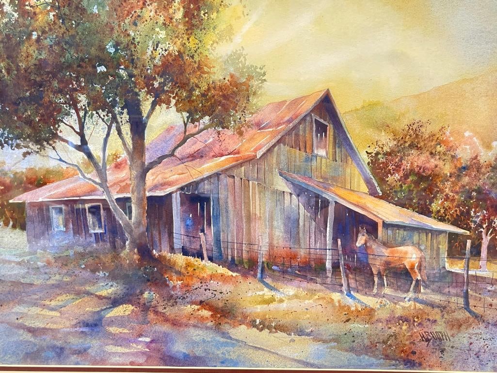 HAL BOOTH CALIFORNIA ARTIST LARGE WATERCOLOR ON PAPER TITLED EDEN CANYON BARN #196 - 2