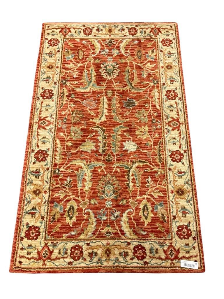 CHINESE TERRSARUK PERL LOW PILE AREA RUG: RED AND BEIGE PRIMARY COLORS WITH GREEN AND BROWN SECONDARY COLORS, FLORAL DESIGN, GOOD COLOR, LITTLE TO NO SIGNS OF WEAR 30" X 51" 