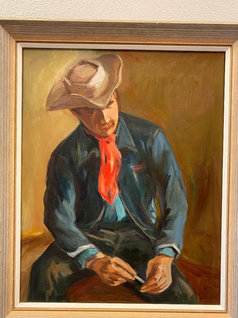 LARGE ORIGINAL OIL ON CANVAS WESTERN PAINTING OF A SEATED MAN SIGNED GETZ - 2