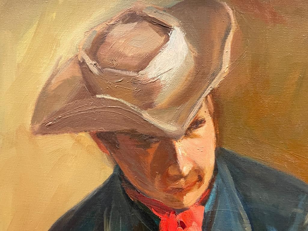 LARGE ORIGINAL OIL ON CANVAS WESTERN PAINTING OF A SEATED MAN SIGNED GETZ - 3