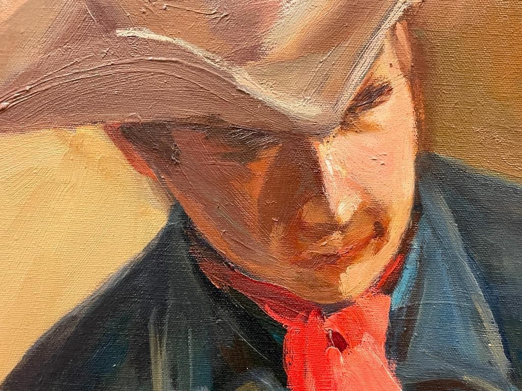 LARGE ORIGINAL OIL ON CANVAS WESTERN PAINTING OF A SEATED MAN SIGNED GETZ - 4