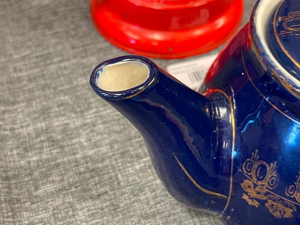 VINTAGE WELLER WARE POTTERY PORCELAIN COBALT BLUE AND GILT TEA POT - 4