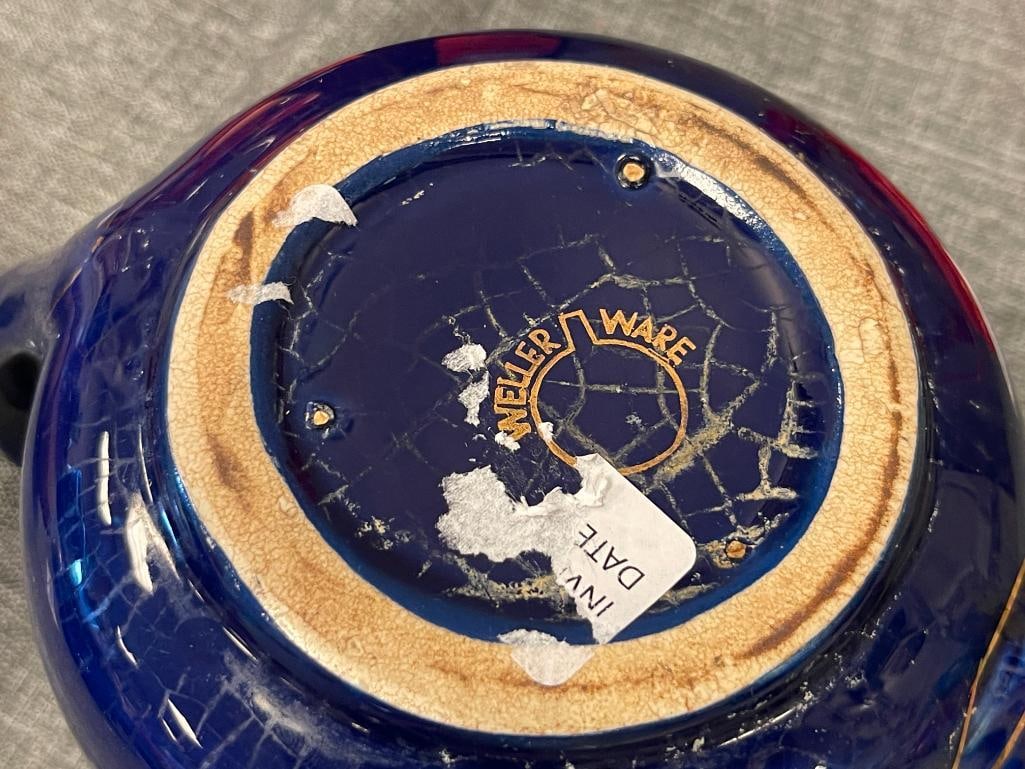 VINTAGE WELLER WARE POTTERY PORCELAIN COBALT BLUE AND GILT TEA POT - 7