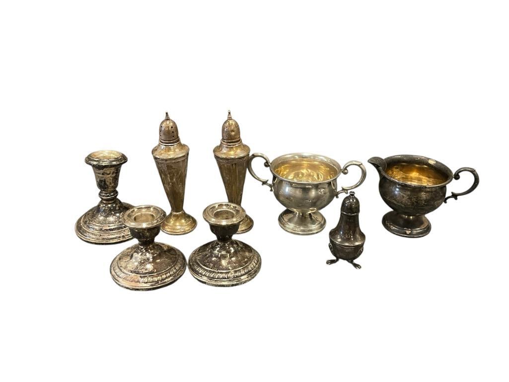 VINTAGE 20TH CENTURY WEIGHTED STERLING SILVER CANDLE HOLDERS, SHAKERS, CREAMR AND SUGAR BOWL (1 of 7)