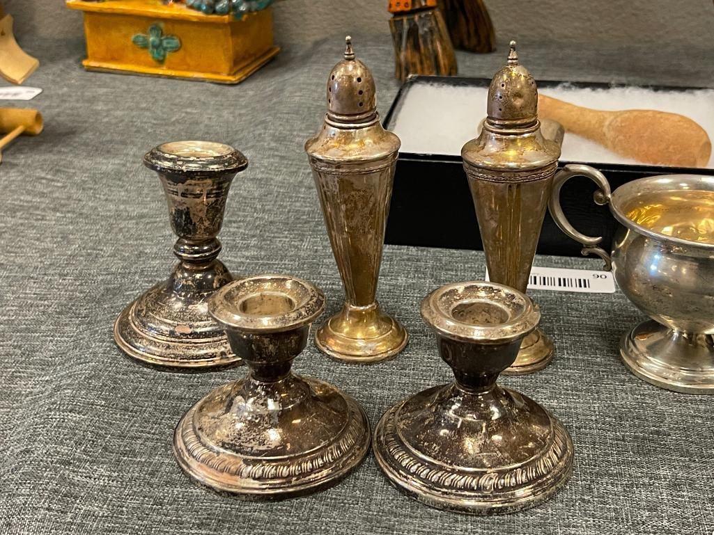 VINTAGE 20TH CENTURY WEIGHTED STERLING SILVER CANDLE HOLDERS, SHAKERS, CREAMR AND SUGAR BOWL - 2