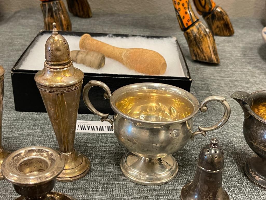 VINTAGE 20TH CENTURY WEIGHTED STERLING SILVER CANDLE HOLDERS, SHAKERS, CREAMR AND SUGAR BOWL - 3