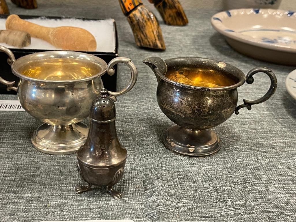 VINTAGE 20TH CENTURY WEIGHTED STERLING SILVER CANDLE HOLDERS, SHAKERS, CREAMR AND SUGAR BOWL - 4