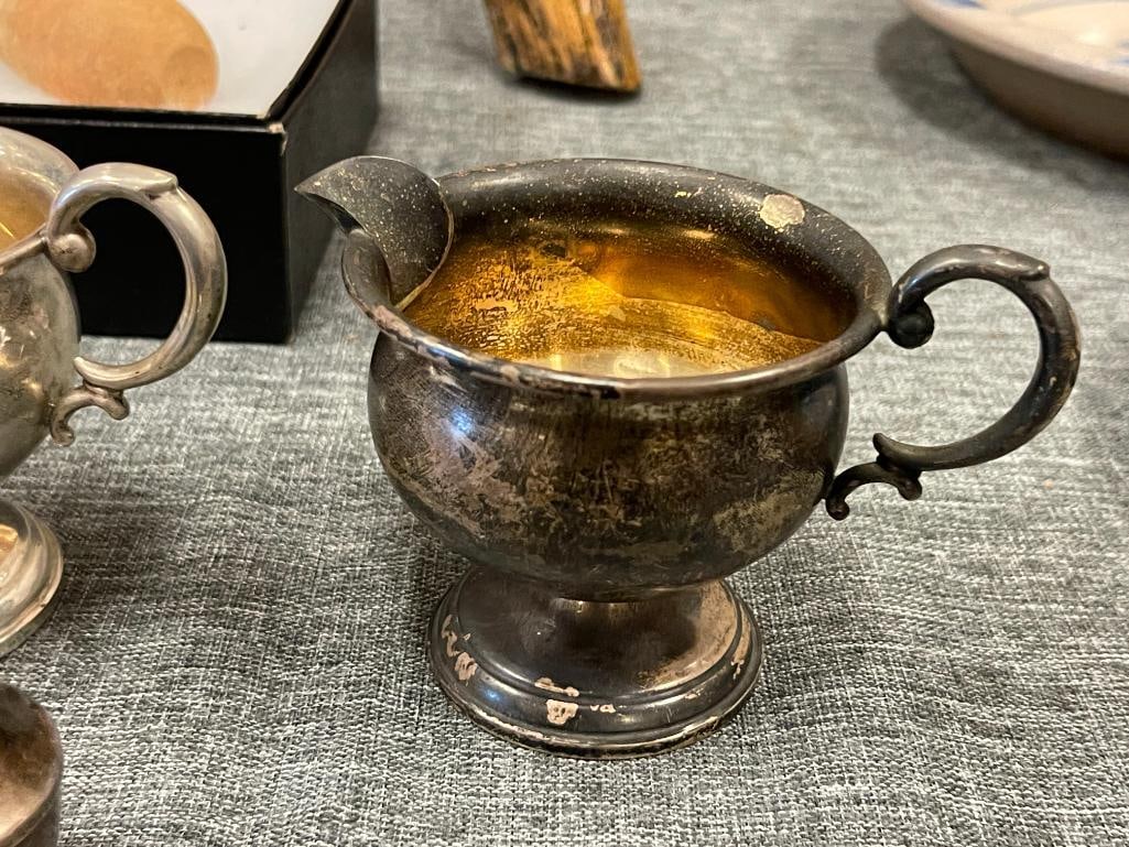 VINTAGE 20TH CENTURY WEIGHTED STERLING SILVER CANDLE HOLDERS, SHAKERS, CREAMR AND SUGAR BOWL - 5