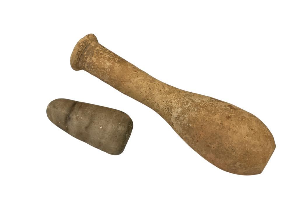 ANCIENT ARTIFACTS INCLUDES CONICAL STONE TOOL AND ROMAN TERRACOTTA PERFUME OR OIL BOTTLE (1 of 5)
