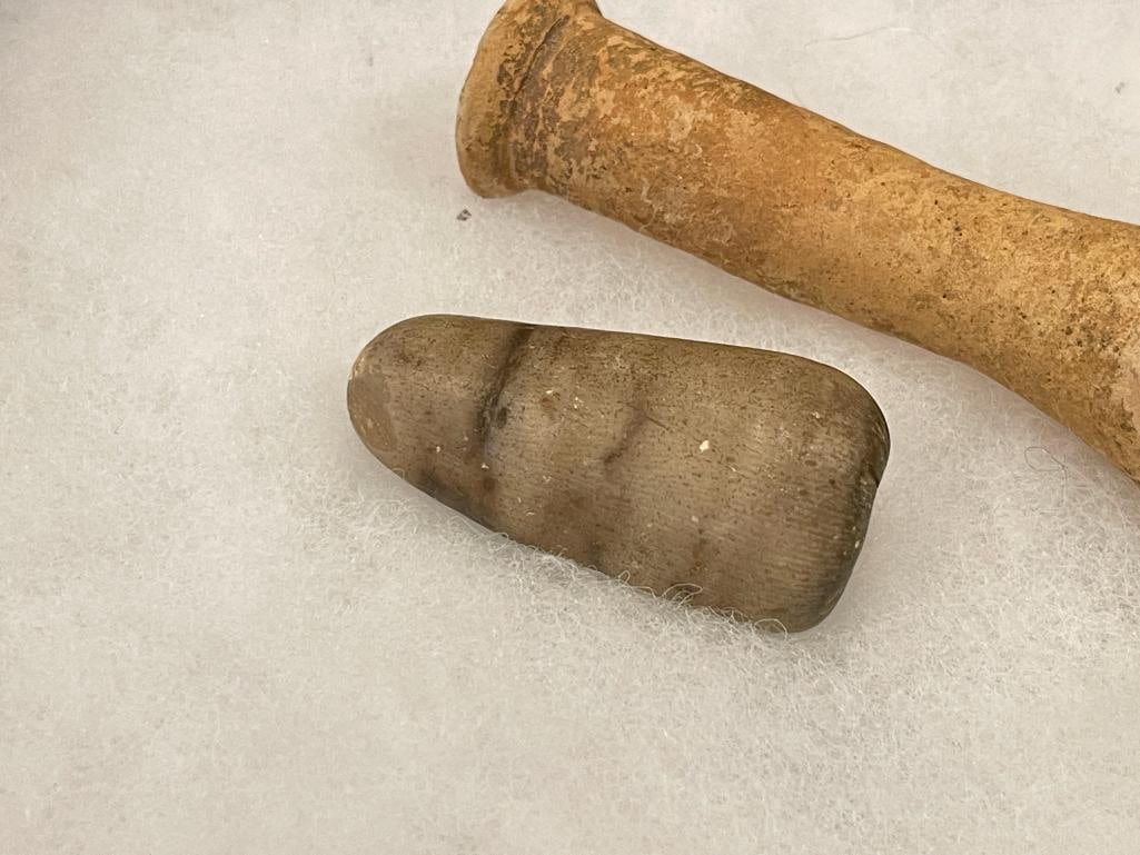 ANCIENT ARTIFACTS INCLUDES CONICAL STONE TOOL AND ROMAN TERRACOTTA PERFUME OR OIL BOTTLE - 2