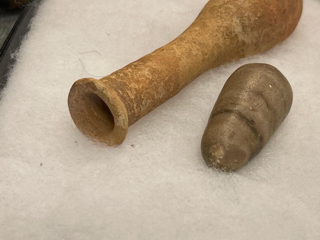 ANCIENT ARTIFACTS INCLUDES CONICAL STONE TOOL AND ROMAN TERRACOTTA PERFUME OR OIL BOTTLE - 3