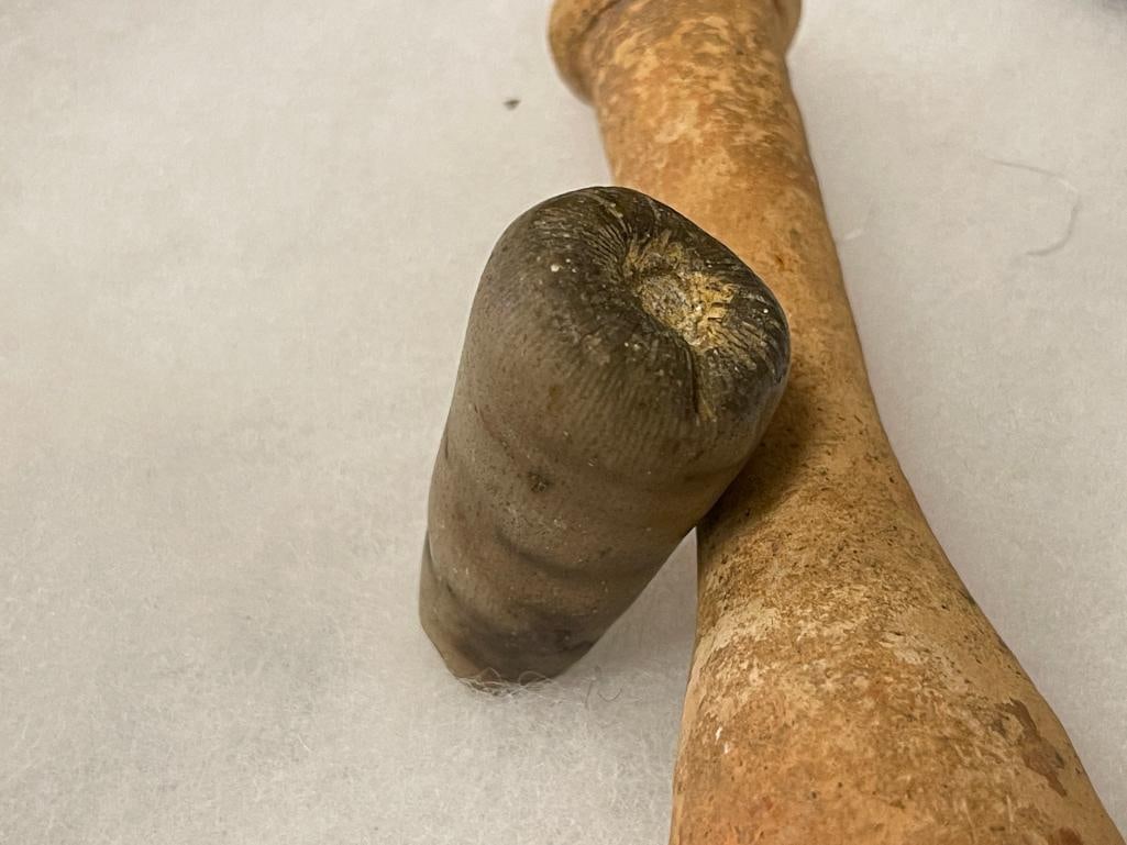 ANCIENT ARTIFACTS INCLUDES CONICAL STONE TOOL AND ROMAN TERRACOTTA PERFUME OR OIL BOTTLE - 5